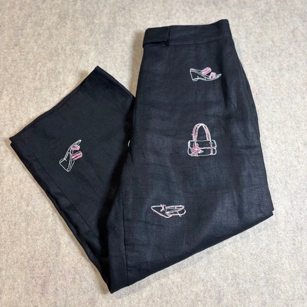 Deane & White Pants Wmns 8P Black Linen Embroidered Capri Wide Leg Vintage Boho
